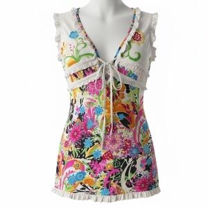 Vintage Bella Sol Cotton Swim Cover Up Floral Tropical Mini Dress Size S